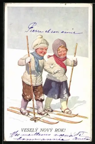 Künstler-AK Karl Feiertag: Kleines Paar auf Skiern, Neujahrsgruss