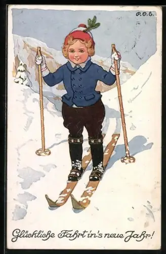 Künstler-AK P.O.Engelhard (P.O.E.): Glückliche Fahrt in`s neue Jahr, junger Skifahrer