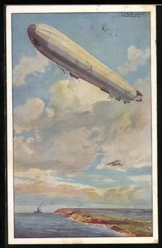 Künstler-AK Hans Rudolf Schulze: Reichsmarineluftschiff, Wacht an deutscher Osteseeküste