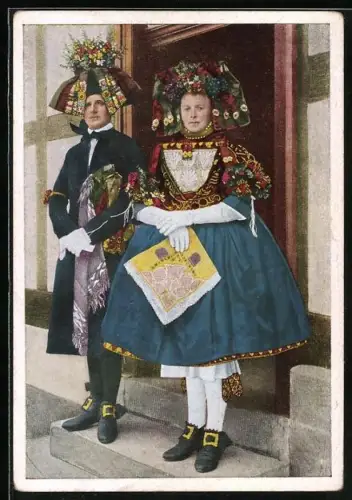 AK hessische Trachten, Schwälmer Brautpaar im Hochzeitsstaat
