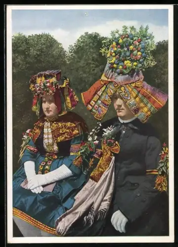 AK Schälmer Brautpaar im Hochzeitsstaat, hessische Tracht