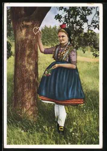 AK Schwälmer Mädchen in Tracht Ich schnitt es gern in alle Rinden ein 