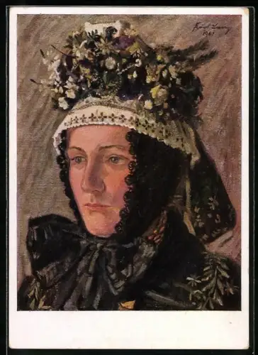 Künstler-AK sign. Karl Lenz: Marburger Braut in hessischer Tracht