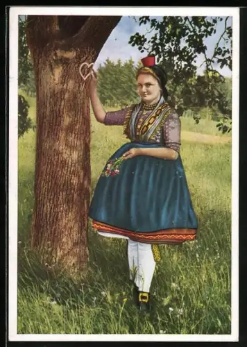 AK Schwälmer Mädchen in Tracht Ich schnitt es gern in alle Rinden ein 
