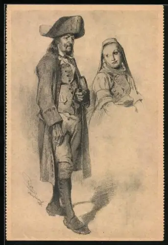 Künstler-AK Bauer und Mädchen aus Oberhessen