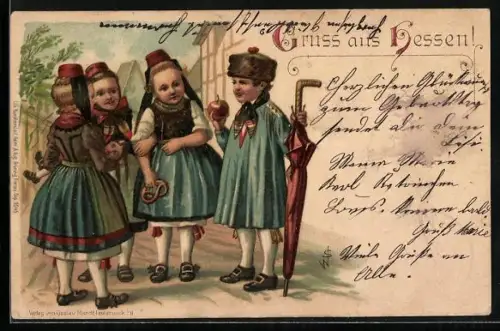 AK Hessische Trachten, Bub bietet Mädchen einen Apfel an