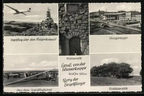 AK Wasserkuppe, Segelflieger über dem Fliegerdenkmal, Fliegerlager, Fuldaquelle, Aus dem Segelflugbetrieb