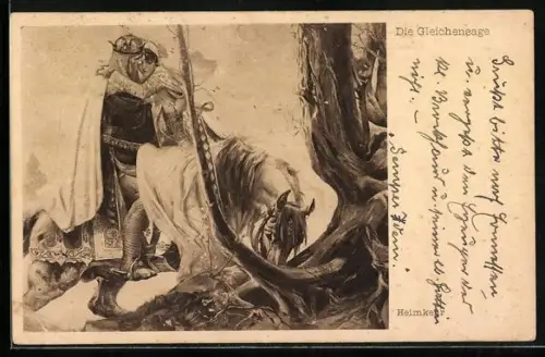 AK Märchen Die Gleichensage, Heimkehr, Ritter mit Dame zu Pferd