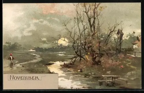 Künstler-AK T.Guggenberger: Monatsgrüsse Serie II, November, Herbstpartie, Frau vom Feld