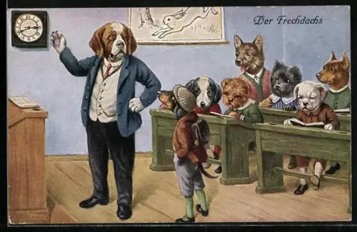 AK Vermenschlichte Tiere, Hundeschule, der Frechdachs
