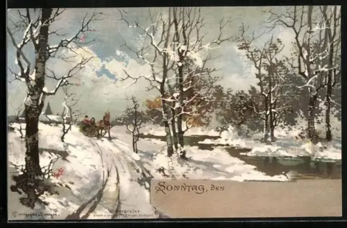 Künstler-AK Theodor Guggenberger: Allegorie Sonntag, Pferdeschlitten fährt an einem verschneiten Flusslauf entlang