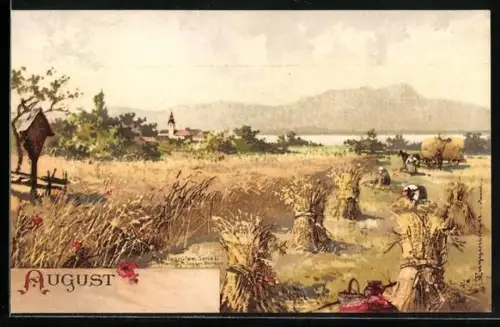 Künstler-AK T.Guggenberger: Allegorie, August, Bäuerinnen bei der Feldarbeit