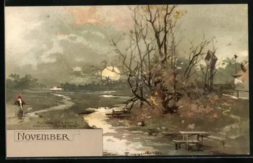 Künstler-AK T.Guggenberger: Monatsgrüsse Serie II, November, Herbstpartie, Frau vom Feld