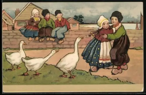 Künstler-AK Ethel Parkinson: Mädchen in niederländischer Tracht fürchtet sich vor Gänsen
