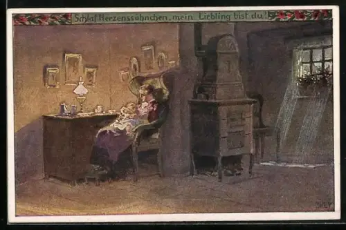 Künstler-AK P. Hey, Volksliederkarte Nr. 50: Schlaf, Herzenssöhnchen, Frau mit Kind im Sessel