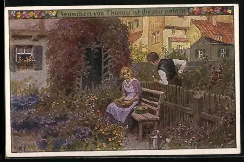 Künstler-AK P. Hey, Volksliederkarte Nr.: 49, Aennchen von Tharau ist die mir gefällt, Mann mit Pfeife, Frau im Garten