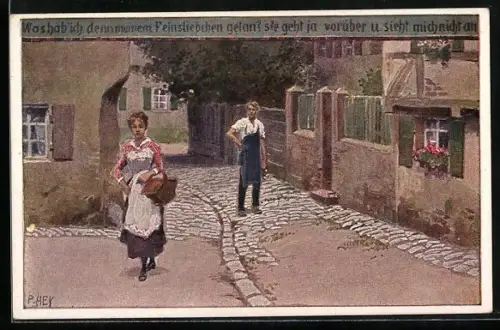 Künstler-AK P. Hey, Volksliederkarte Nr. 55: Was hab ich denn meinem Feinsliebchen getan