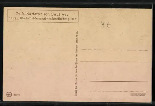 Künstler-AK P. Hey, Volksliederkarte Nr. 55: Was hab ich denn meinem Feinsliebchen getan