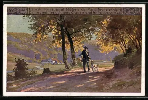Künstler-AK Paul Hey: Herbst, Jäger mit Hund