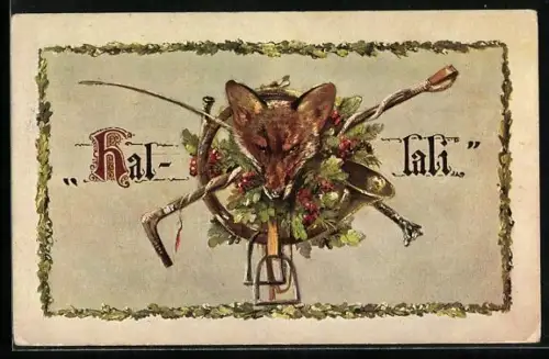AK Hallali, jagd, Fuchskopf mit Jagdhorn, Reitgerte und Steigbügeln