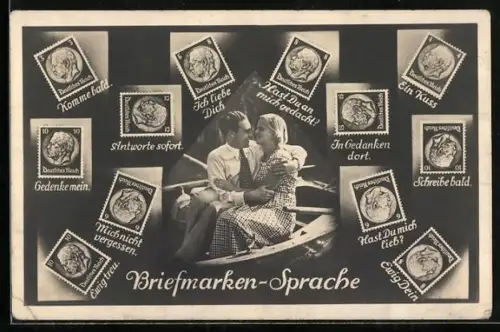 AK Briefmarkensprache: Gedenke mein, Ich komme bald & Hast Du mich lieb?