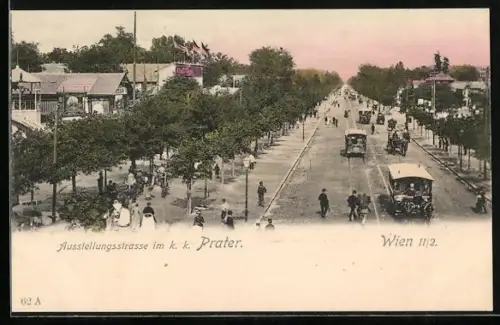 AK Wien, Ausstellungsstrasse im k. k. Prater mit Strassenbahn