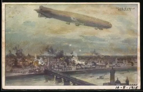 Künstler-AK Hans Rudolf Schulze: Luftschiff Schütte-Lanz Warschau bombardierend, WK I.