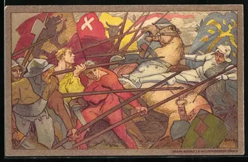 AK Schweizer Bundesfeier 1911, Schlachtszene, Ritter wird vom Pferd geworfen
