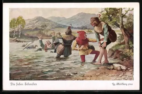 Künstler-AK Georg Mühlberg: die sieben Schwaben im Fluss
