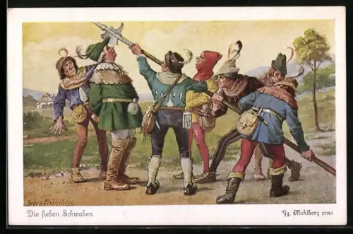 Künstler-AK Georg Mühlberg: Die Sieben Schwaben mit einer Waffe