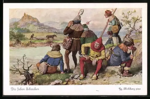 Künstler-AK Georg Mühlberg: Die sieben Schwaben machen Rast am Flussufer