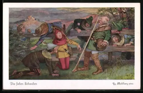 Künstler-AK Georg Mühlberg: die lieben Schwaben, Rast am Gartenzaun