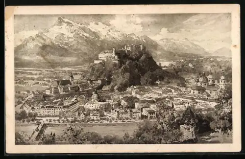 Künstler-AK Edward Harrison Compton: Salzburg, Stadt gegen den Untersberg