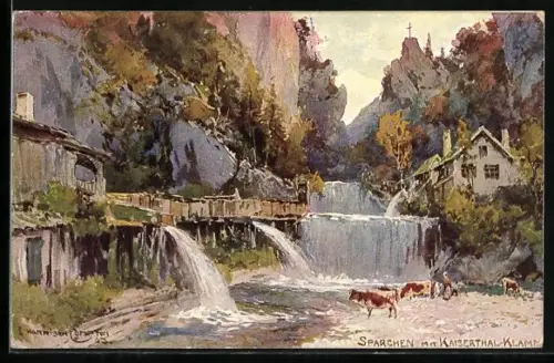 Künstler-AK Edward Harrison Compton: Sparchen mit Kaiserthal-Klamm, Alpenidyll