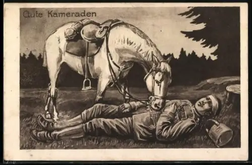 AK Verwundeter Soldat mit seinem Pferd, Rotes Kreuz