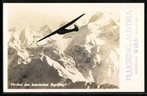 AK Fördert den heimischen Segelflug!, Segelflugzeug im verschneiten Gebirge