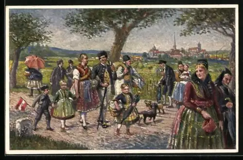 AK Sonntagsspaziergang in hessischen Trachten