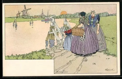 Künstler-AK Henri Cassiers: Terneuzen, Frauen und Kind warten am Steg