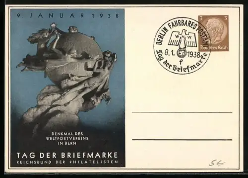 AK Tag der Briefmarke, 9. Januar 1938, Denkmal des Weltpostvereins in Bern, Blauer Hintergrund