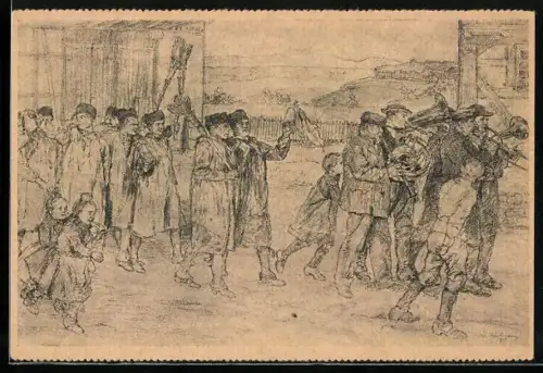 Künstler-AK sign. Wilhelm Thielmann: Jahrweiser Volkstum ud Heimat 1937, Umzug durch die Ortschaft