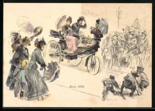 AK Menschen bestaunen erstes Auto, Patentwagen von Benz 1888
