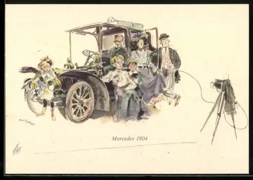 Künstler-AK Mercedes-Benz, Familienfoto mit Mercedes 1904