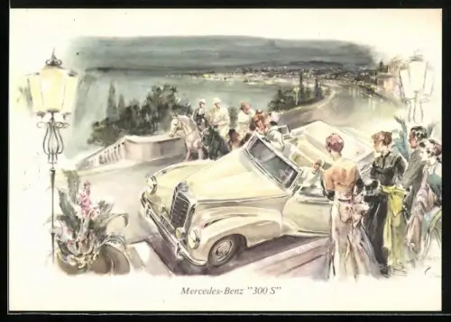 AK Mercedes-Benz 300 S auf einer nächtlichen Uferpromenade