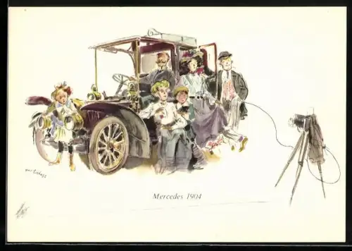 Künstler-AK Mercedes-Benz, Familienfoto mit Mercedes 1904