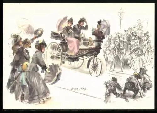 AK Menschen bestaunen erstes Auto, Patentwagen von Benz 1888