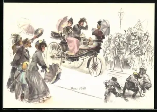AK Menschen bestaunen erstes Auto, Patentwagen von Benz 1888