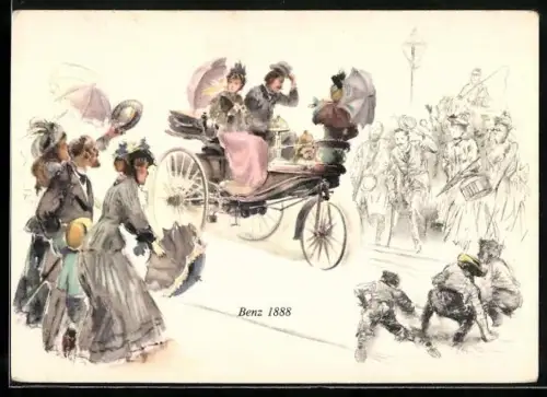 AK Menschen bestaunen erstes Auto, Patentwagen von Benz 1888