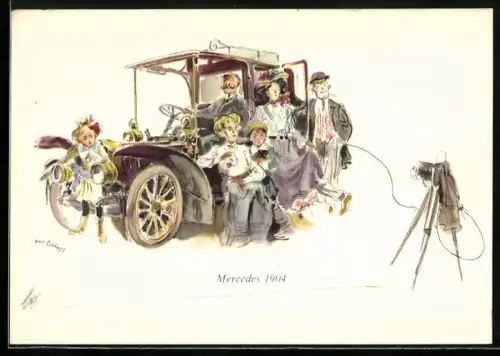 Künstler-AK Mercedes-Benz, Familienfoto mit Mercedes 1904