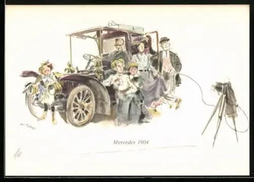 Künstler-AK Mercedes-Benz, Familienfoto mit Mercedes 1904