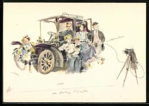 Künstler-AK Mercedes-Benz, Familienfoto mit Mercedes 1904